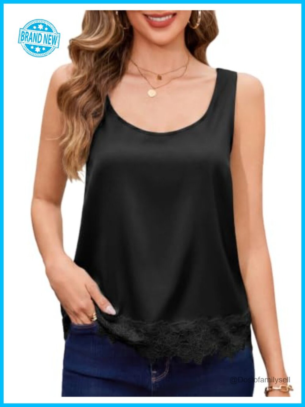 Women Silk Satin Lace Tank Scoop Neck Loose Fit Cami Summer Top